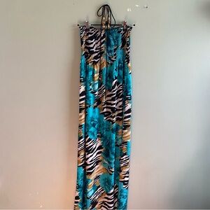 Y2K Halter Stylish Zebra Print Vacation/Cruise Maxi Dress - Blue and Black